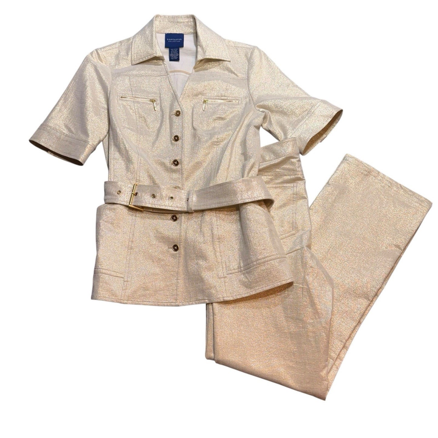 Doncaster Collection Gold Metallic Linen Blend Belted Jacket & Pants Set Sz 2 Women's SUIT, SET