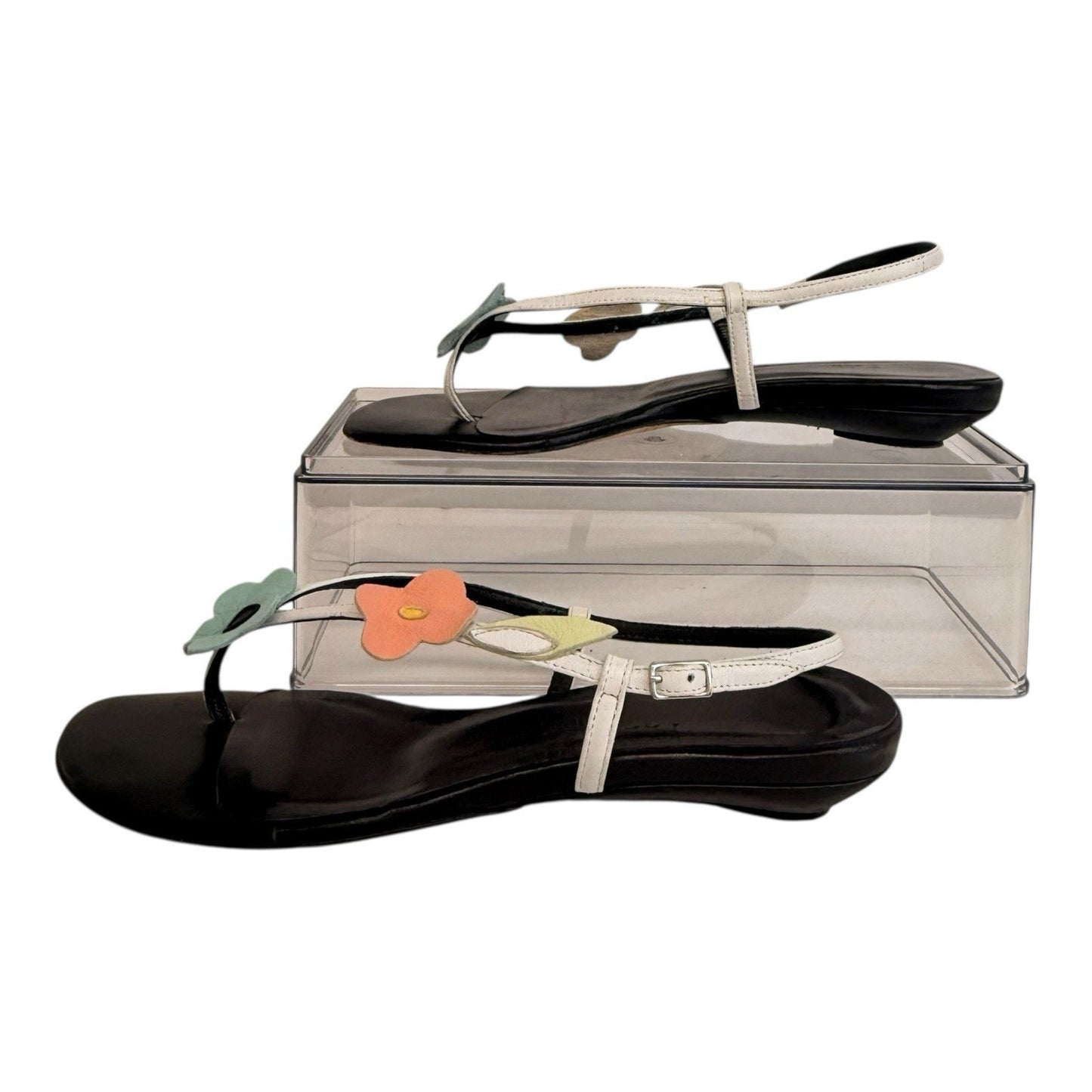 JOHN GALLIANO Black Leather Floral Shoes/Sandals EU 36 US 6 w/ Iconic Newspaper Box Women's