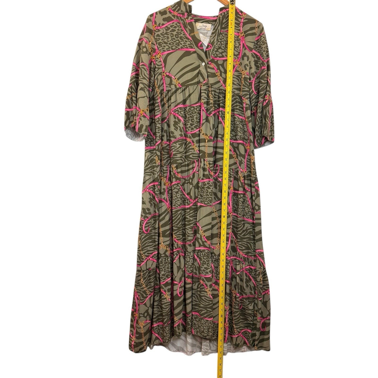 Vintage Italian Abstract Animal Print Maxi Dress Green Pink Long Sleeve M Women's