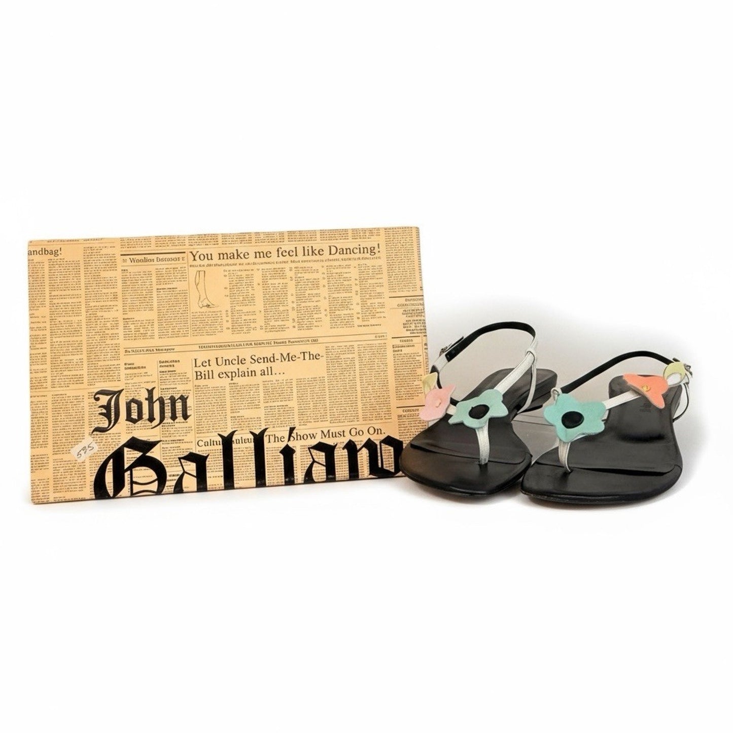 JOHN GALLIANO Black Leather Floral Shoes/Sandals EU 36 US 6 w/ Iconic Newspaper Box Women's