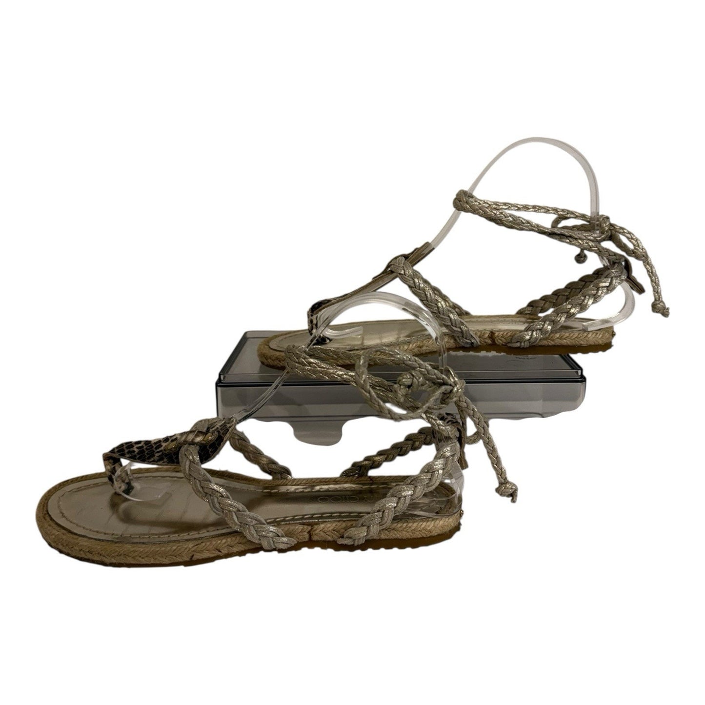 Jimmy Choo Pepin Elaphe Snakeskin Espadrille Lace Up Sandals 37 w/ Box Dustbag Women's Shoes