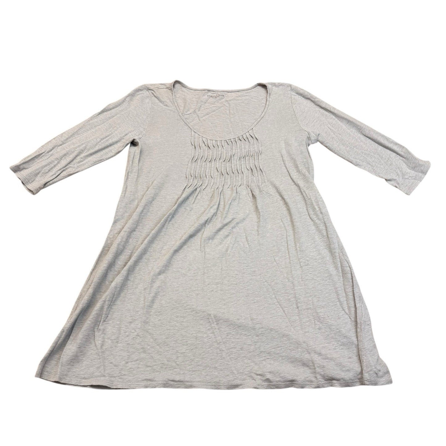 Eileen Fisher Linen Dress Women's Small Gray 3/4 Sleeve Smocked Tunic Scoop Neck