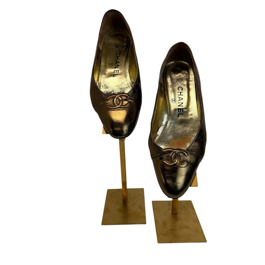 Chanel Gold Metallic Leather CC Logo Pumps Heels Vintage Women’s EU 35.5