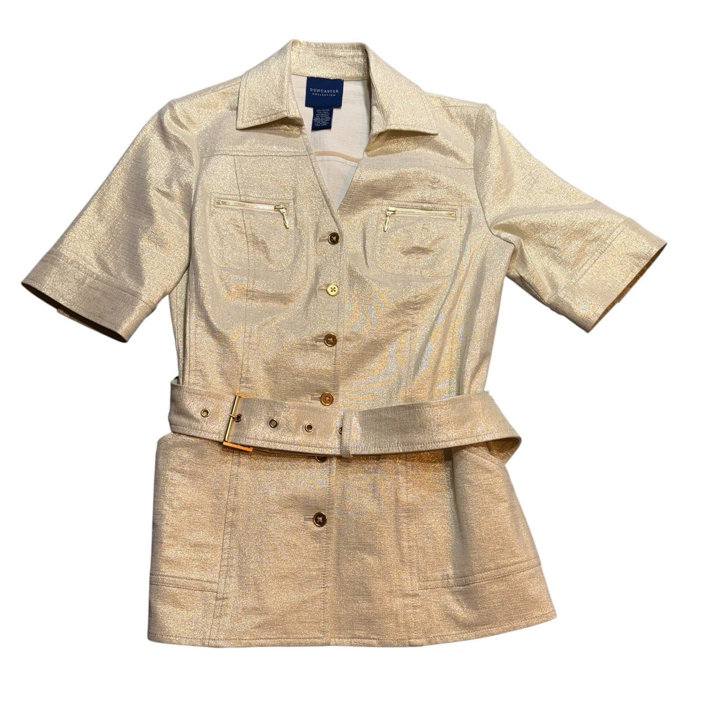 Doncaster Collection Gold Metallic Linen Blend Belted Jacket & Pants Set Sz 2 Women's SUIT, SET