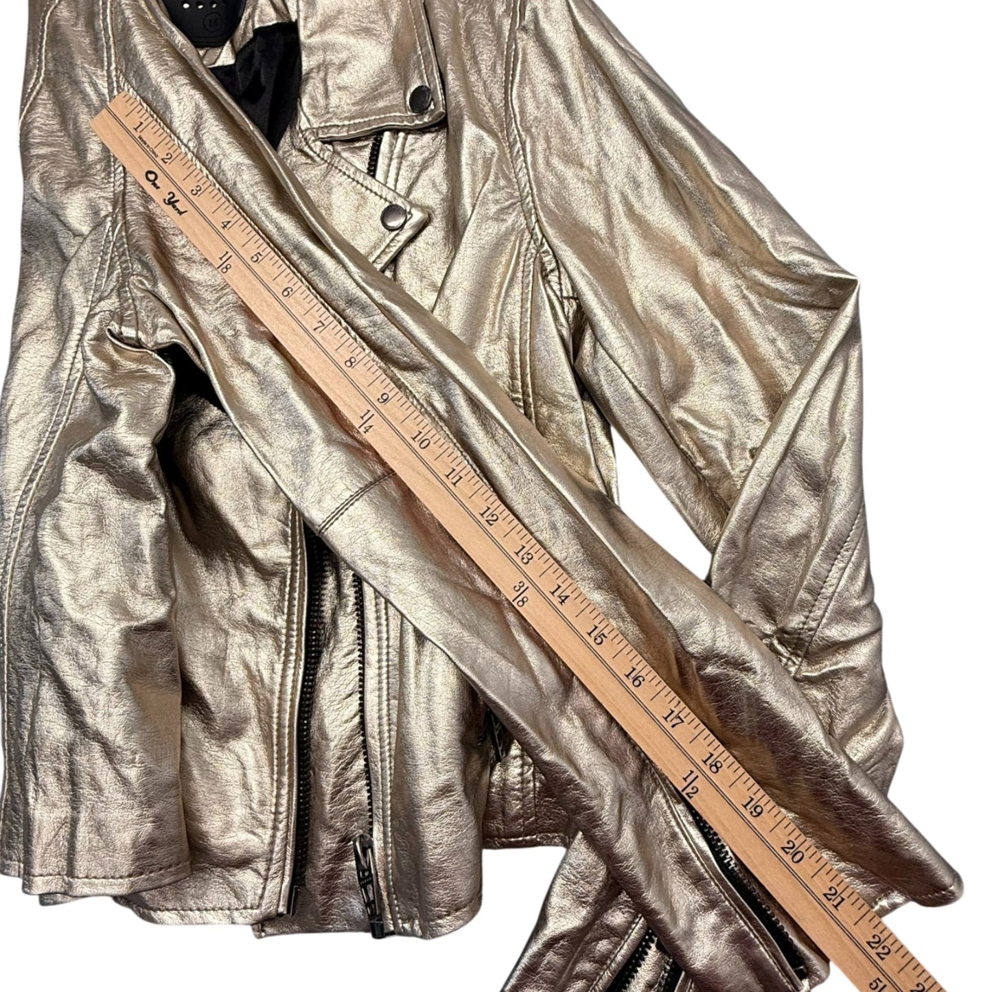 BlankNYC Women’s Medium Metallic Gold Moto Biker Leather Jacket Zip Pockets