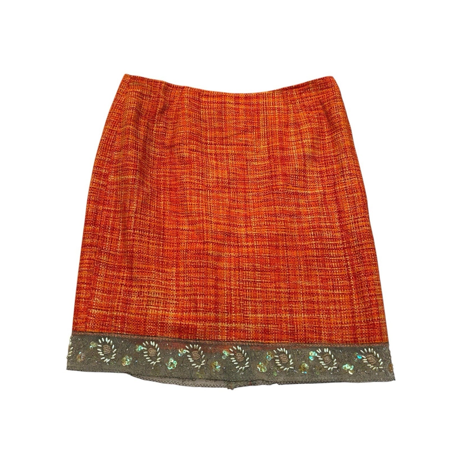 Josephine Chaus Petite 8P Orange Tweed Skirt Suit Embroidered Jacket Set Women's