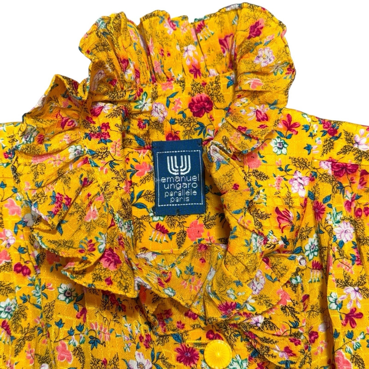 Women's Vintage Emanuel Ungaro Parallele Paris Yellow Floral Ruffle Neck Dress Small Fra