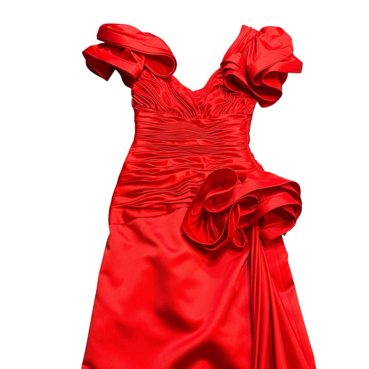 Vintage Lillie Rubin Women’s Size 4 Red Satin Puff Sleeve Ruched Evening Gown Dress
