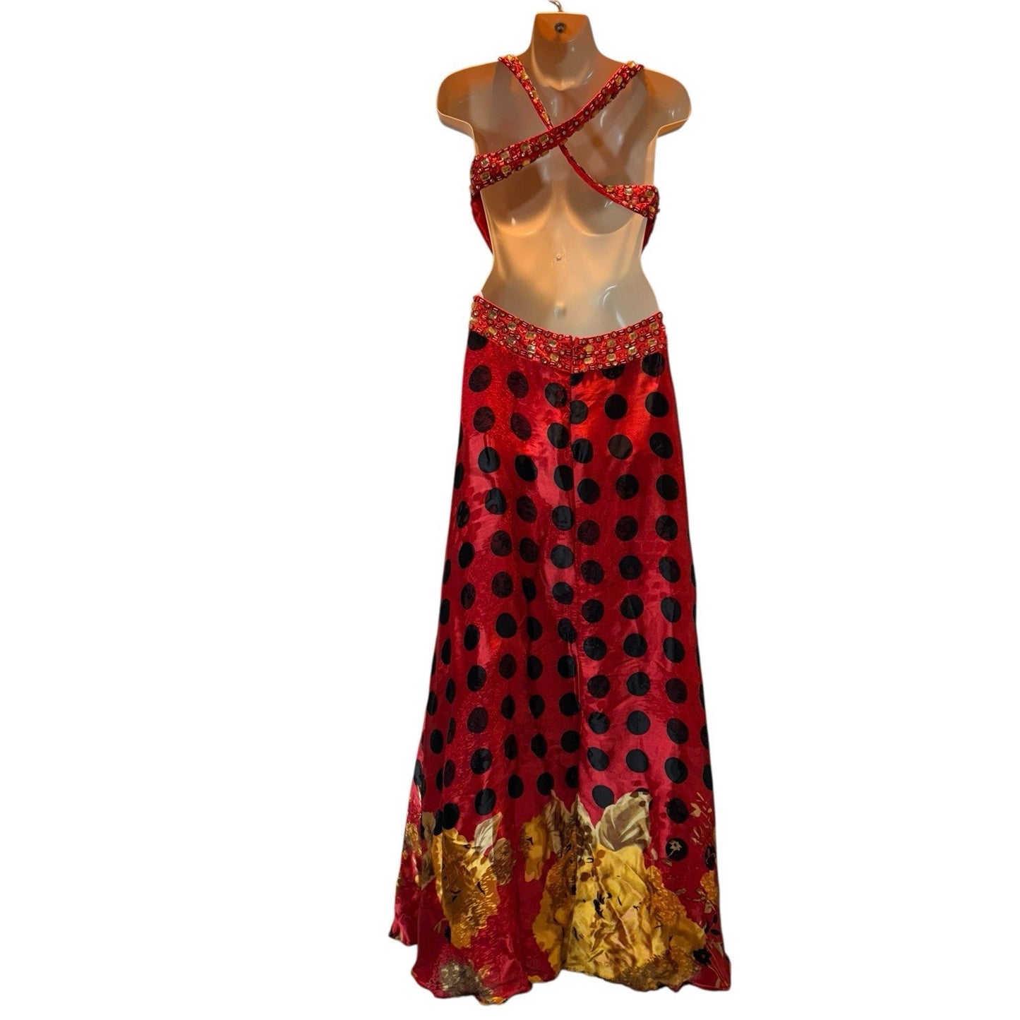 Tiffany Designs Women’s Sz 8 Red Polka Dot Beaded Formal Gown Open Strappy Back Dress