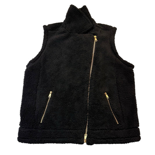 Lauren Ralph Lauren Black Sherpa Vest L Gold Zip Y2K Preppy Fleece Women's