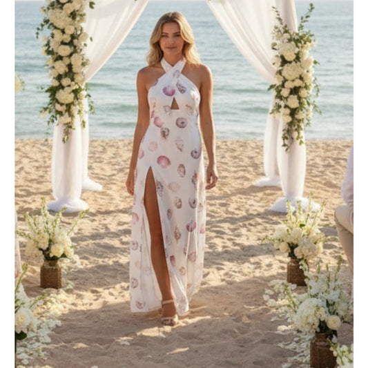 Women's NWT Mumu Weddings White Adele Halter Luxe Satin Maxi Dress Size Large w/ Shells