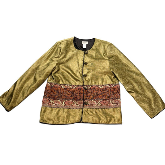 Stonebridge Gold Metallic Brocade Jacket Large Boho Paisley Trim Button Front Women's