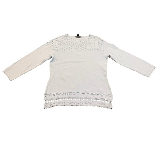 Vintage Carlisle Beaded Blouse Women’s Small White Scallop Hem 3/4 Sleeve