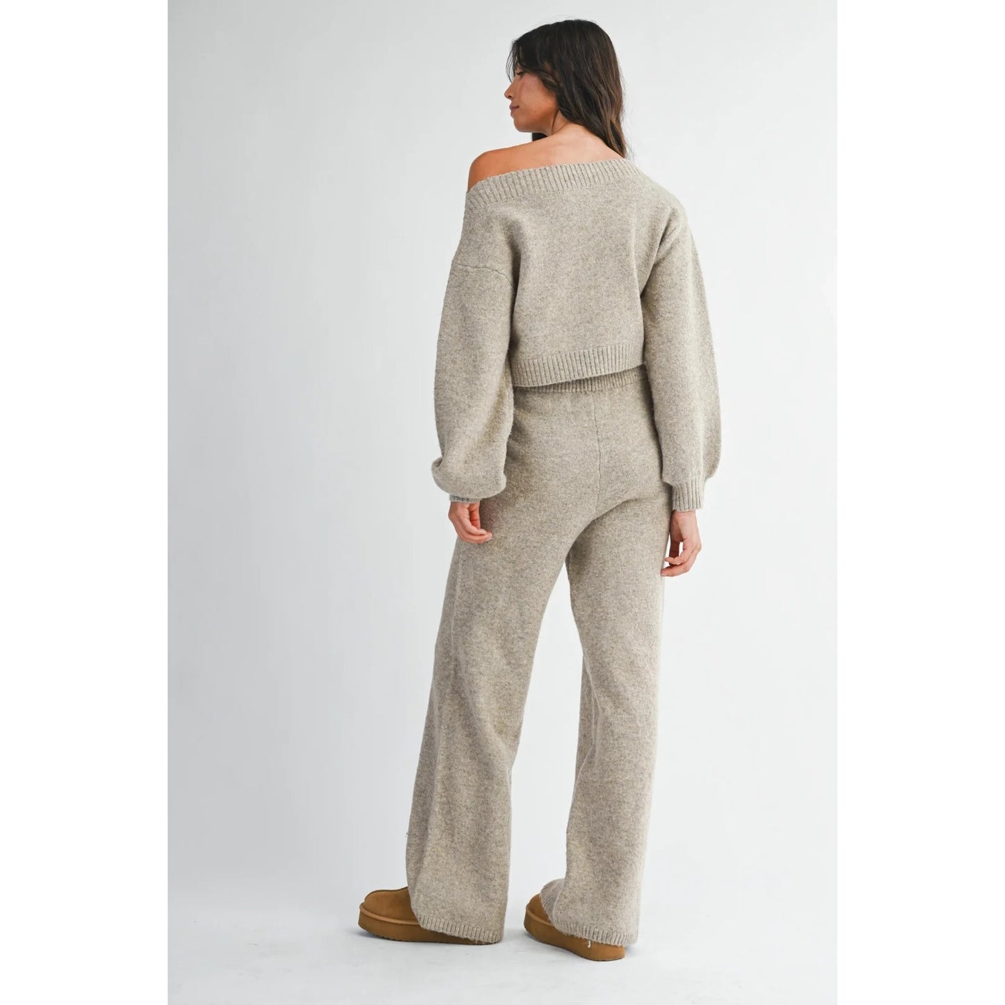 Mable Women’s Latte Mocha Knit Lounge Set Off Shoulder Crop Sweater Pants NEW