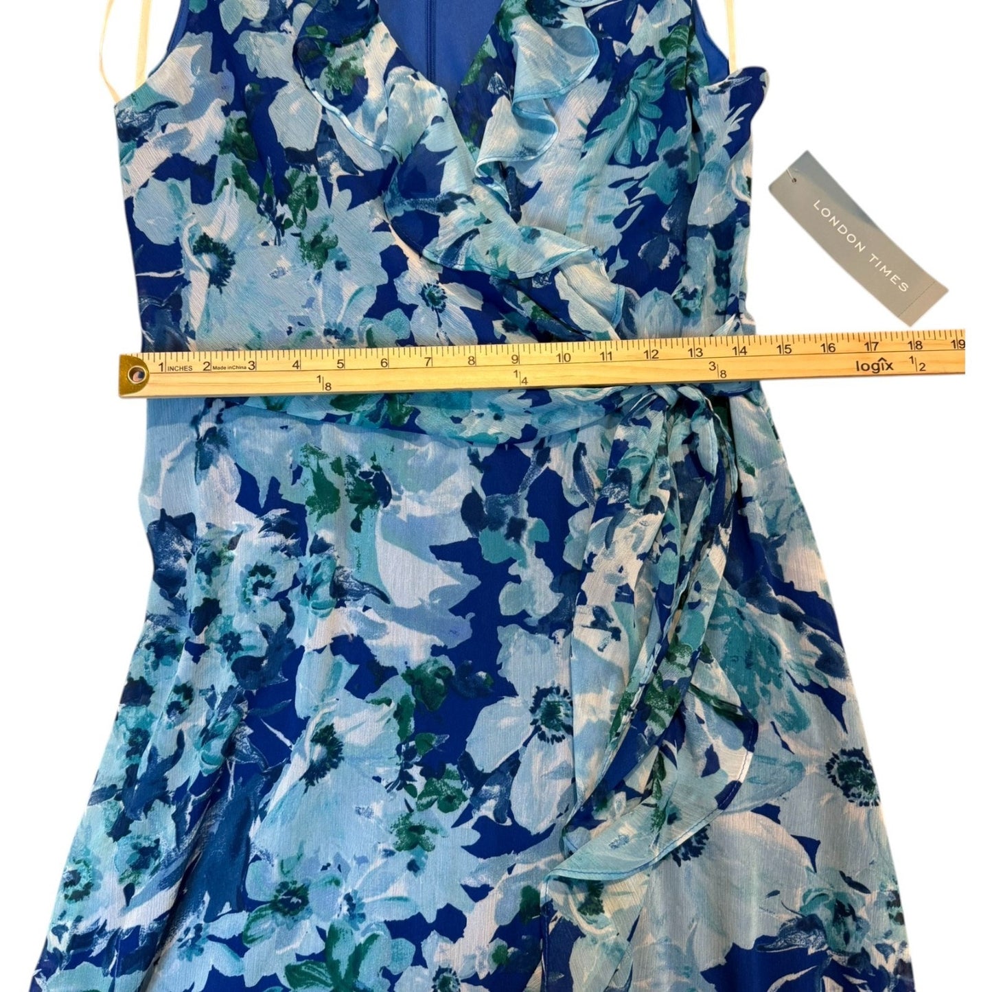 London Time Women's Size 8 Royal Turquoise Sleeveless Ruffle Wrap Dress - NEW